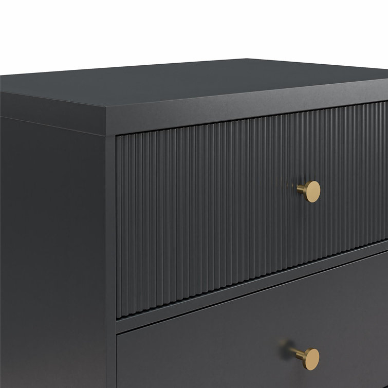 Black MDF Nightstand with Brass Handles and Ribbed Drawer