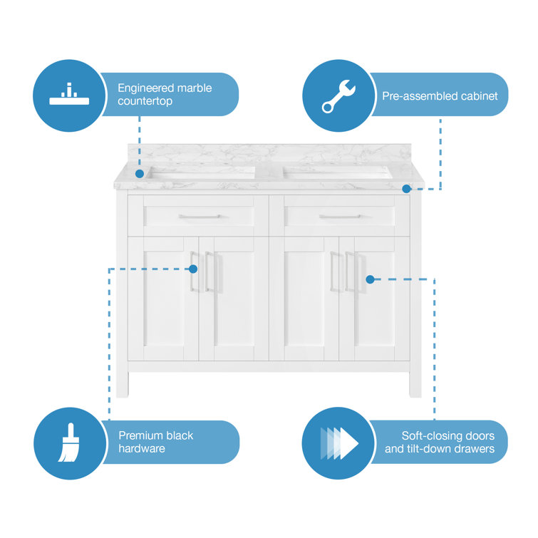 Pure White Double Sink Freestanding Bathroom Vanity with Marble Top