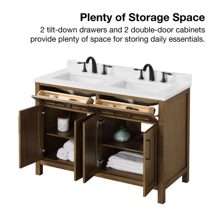 Almond Latte Brushed Double Sink Bathroom Vanity with Matte Black Hardware