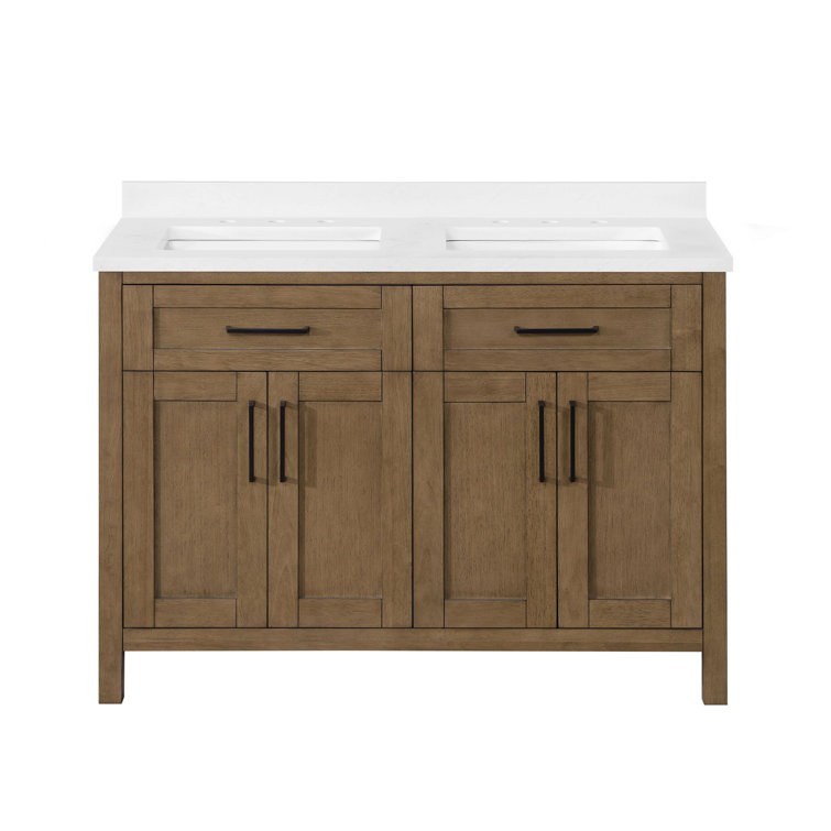 Almond Latte Brushed Double Sink Bathroom Vanity with Matte Black Hardware