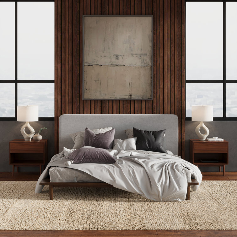 Walnut Queen Upholstered Platform Bed with Linen Headboard