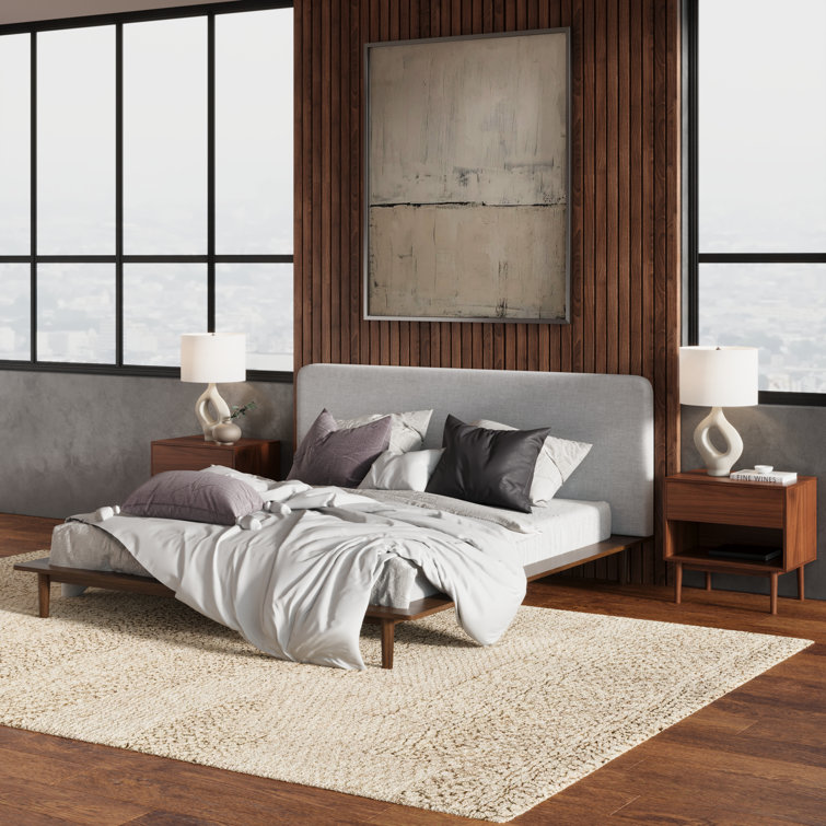 Walnut Queen Upholstered Platform Bed with Linen Headboard