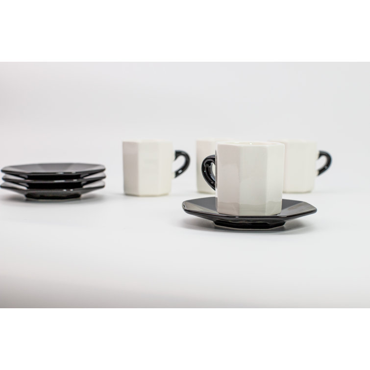 Bacimi White and Black Ceramic Espresso Cups with Saucers, 2.7oz