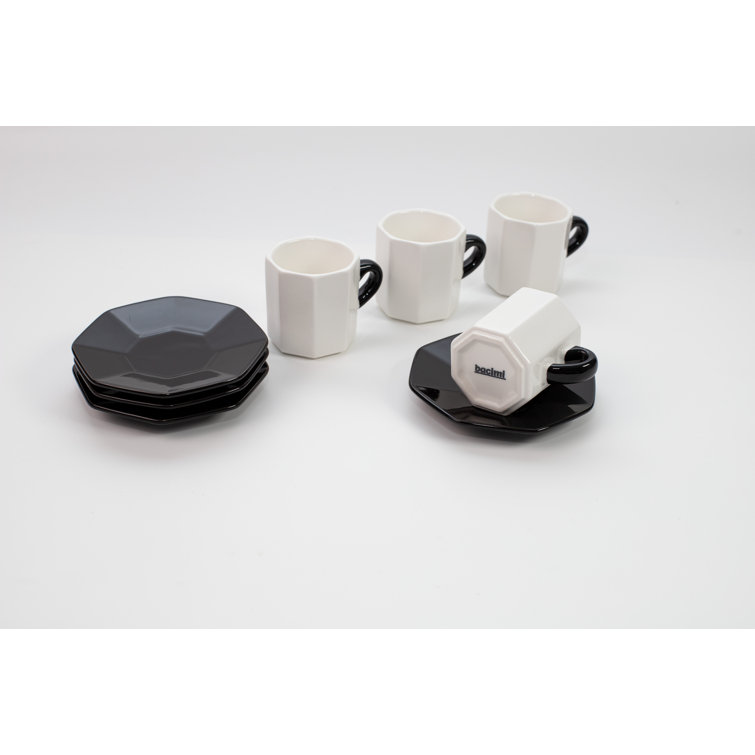 Bacimi White and Black Ceramic Espresso Cups with Saucers, 2.7oz
