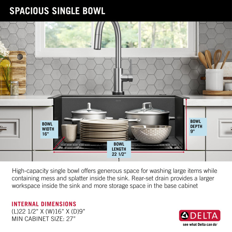 Delta Rivet 25" Black Stainless Steel Single Bowl Workstation Kitchen Sink