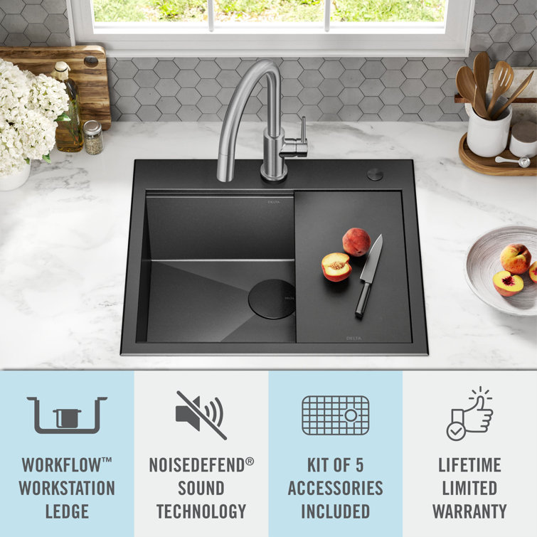 Delta Rivet 25" Black Stainless Steel Single Bowl Workstation Kitchen Sink