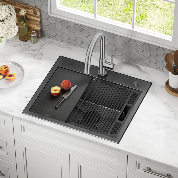 Delta Rivet 25" Black Stainless Steel Single Bowl Workstation Kitchen Sink