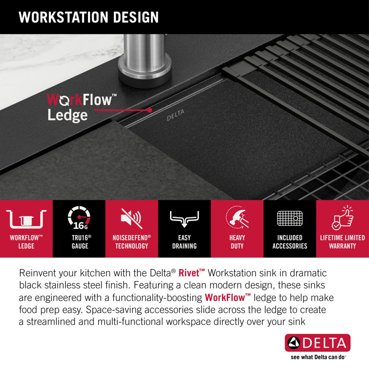 Delta Rivet 30" Black Stainless Steel Drop-In Workstation Kitchen Sink