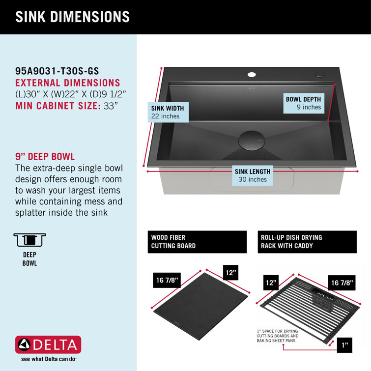 Delta Rivet 30" Black Stainless Steel Drop-In Workstation Kitchen Sink