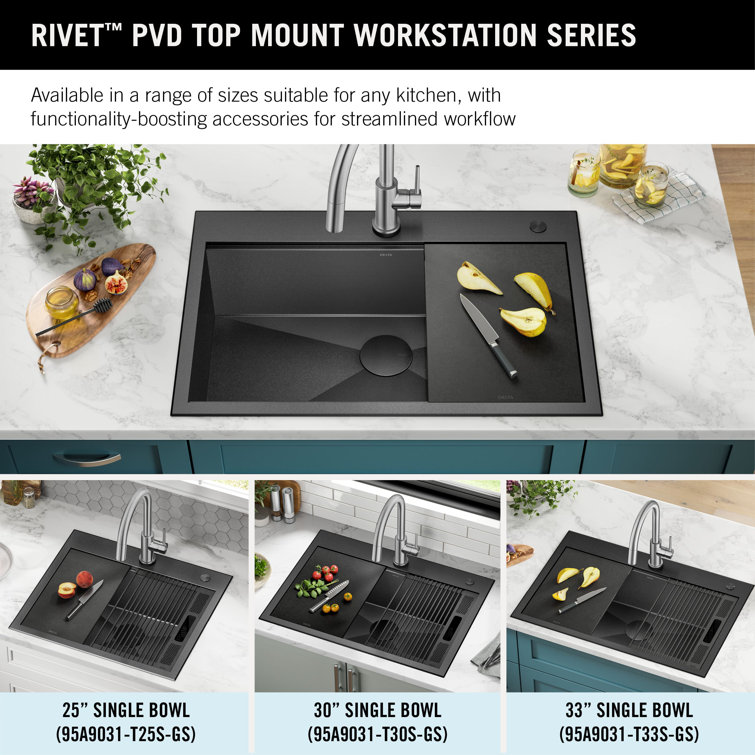 Delta Rivet 30" Black Stainless Steel Drop-In Workstation Kitchen Sink