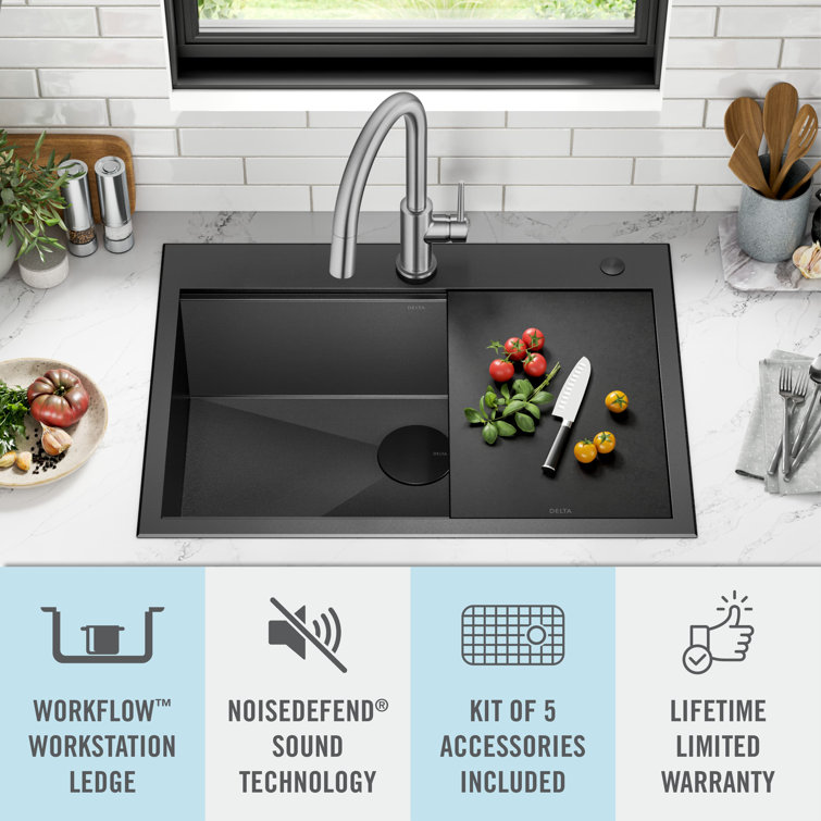 Delta Rivet 30" Black Stainless Steel Drop-In Workstation Kitchen Sink