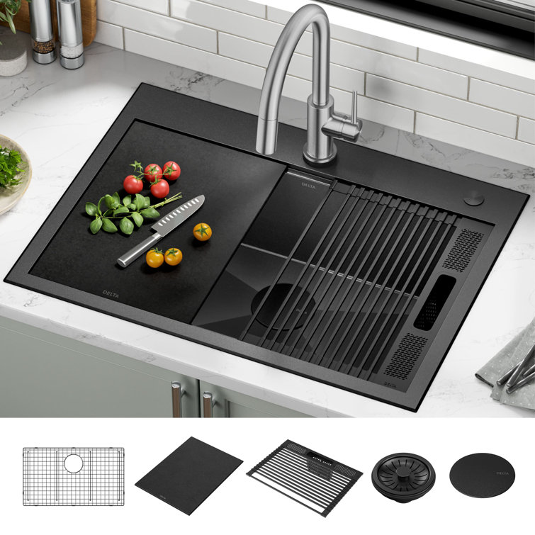 Delta Rivet 30" Black Stainless Steel Drop-In Workstation Kitchen Sink