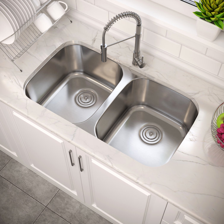 Brushed Satin Double Bowl Stainless Steel Undermount Kitchen Sink