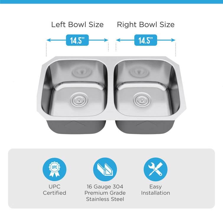 Brushed Satin Double Bowl Stainless Steel Undermount Kitchen Sink