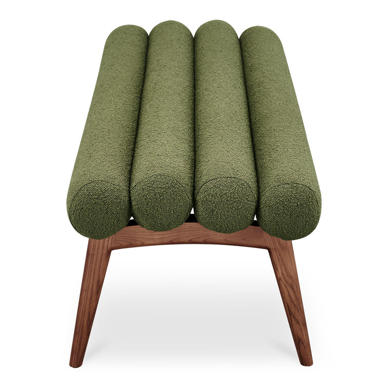 Green Polyester Upholstered Bench with Ash Wood Legs