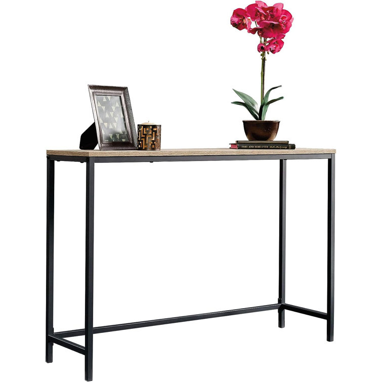 Charter Oak and Black Metal Slim Entryway Table with Storage