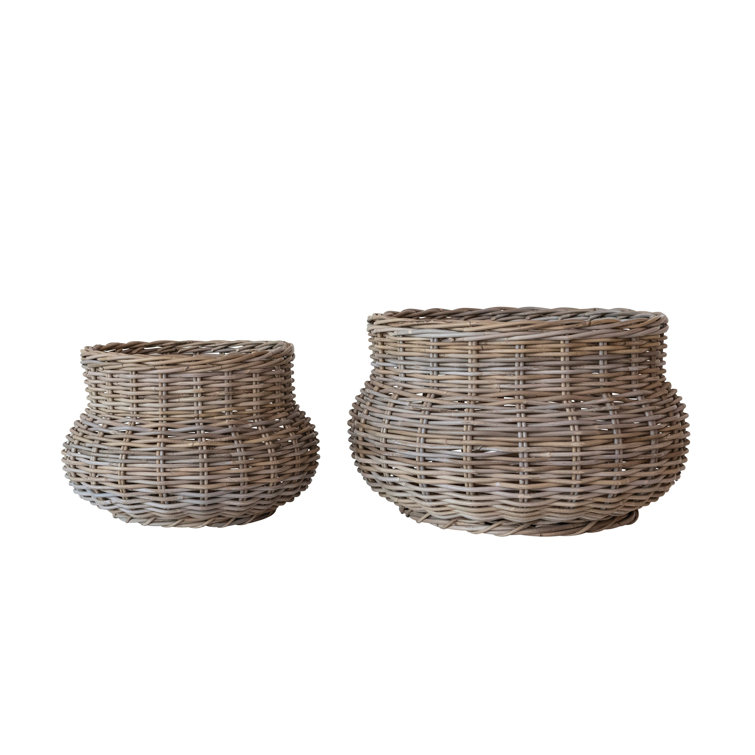 Gray Hand-Woven Rattan Round Planter Set