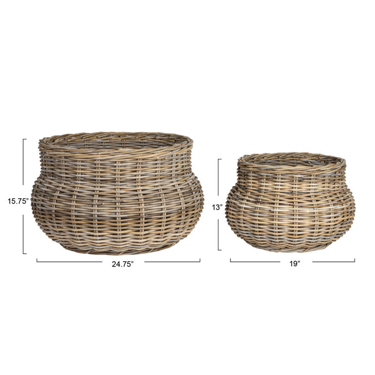 Gray Hand-Woven Rattan Round Planter Set