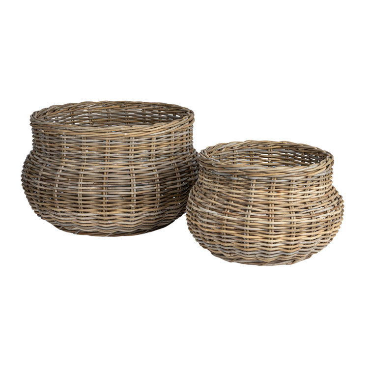 Gray Hand-Woven Rattan Round Planter Set