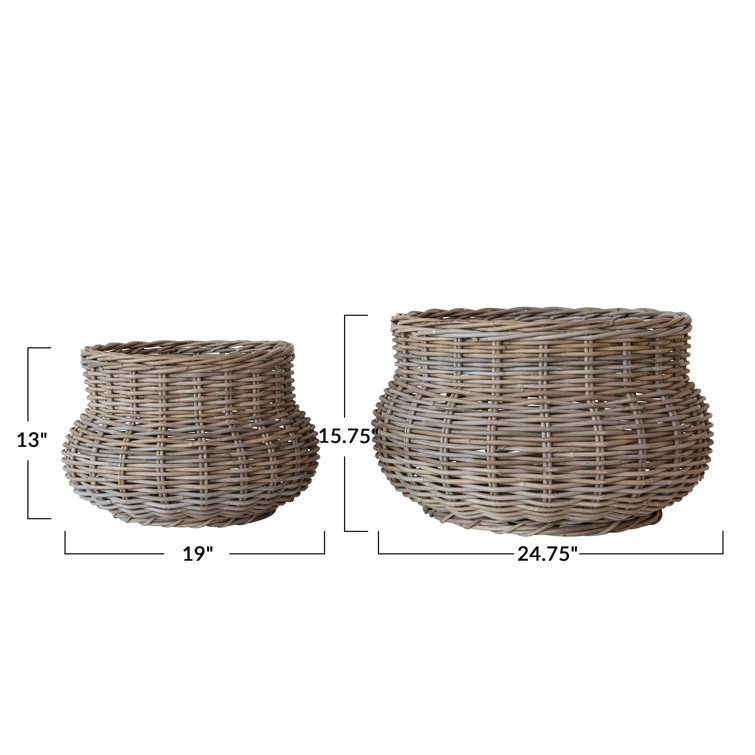 Gray Hand-Woven Rattan Round Planter Set