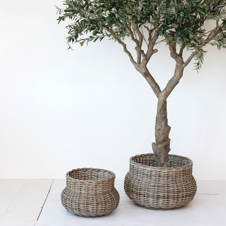 Gray Hand-Woven Rattan Round Planter Set
