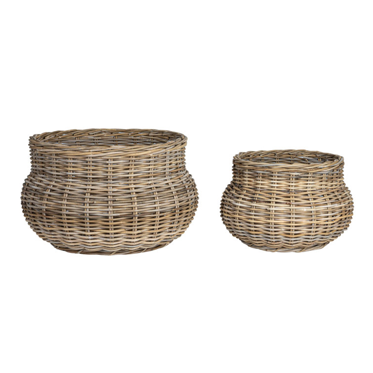 Gray Hand-Woven Rattan Round Planter Set