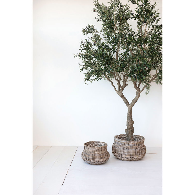 Gray Hand-Woven Rattan Round Planter Set