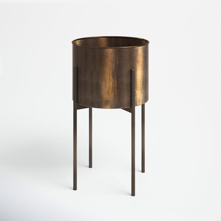 Weathered Brass Round Metal Planter with Stand