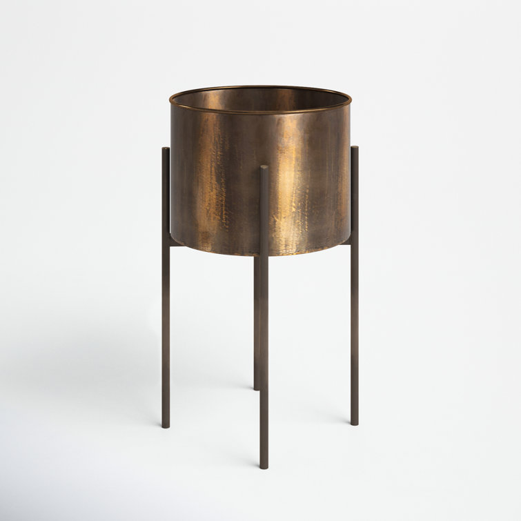 Weathered Brass Round Metal Planter with Stand