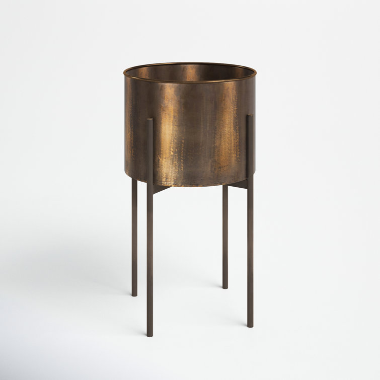 Weathered Brass Round Metal Planter with Stand