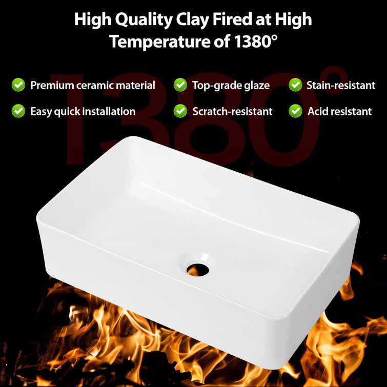 Glossy White Ceramic Rectangular Bathroom Sink