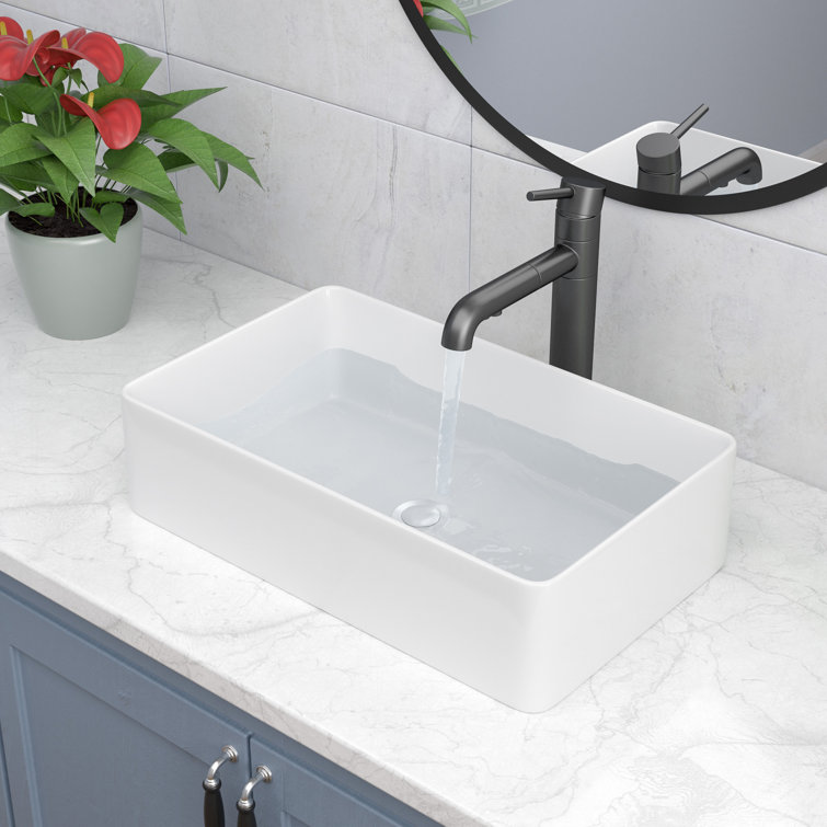 Glossy White Ceramic Rectangular Bathroom Sink