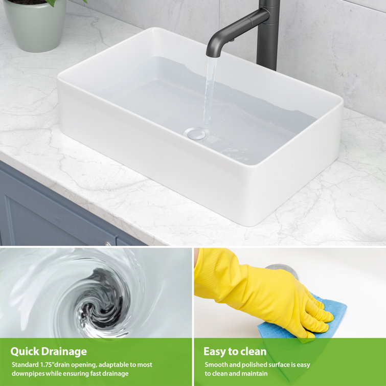 Glossy White Ceramic Rectangular Bathroom Sink