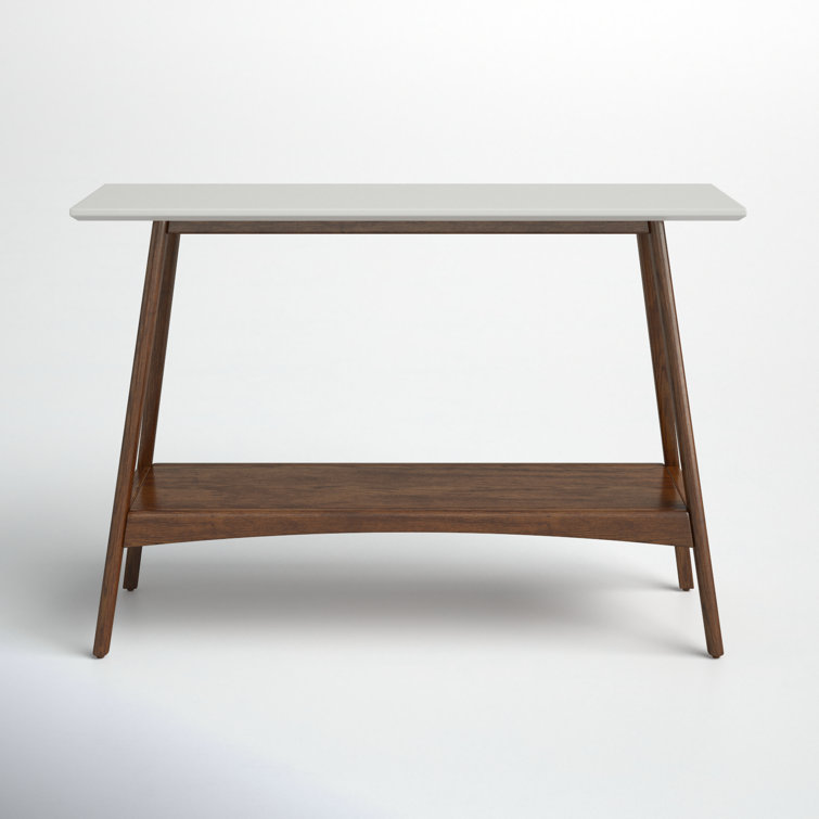 Mid-Century Off-White and Pecan Console Table with Storage Shelf