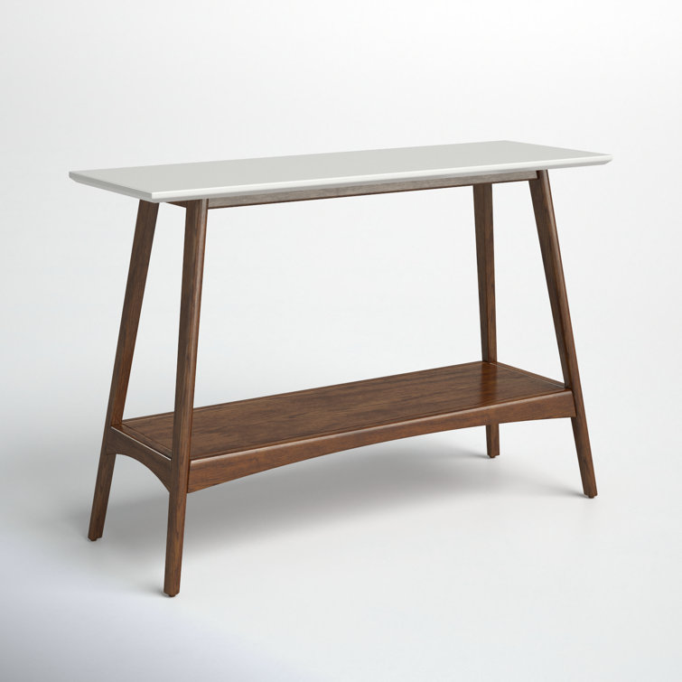 Mid-Century Off-White and Pecan Console Table with Storage Shelf