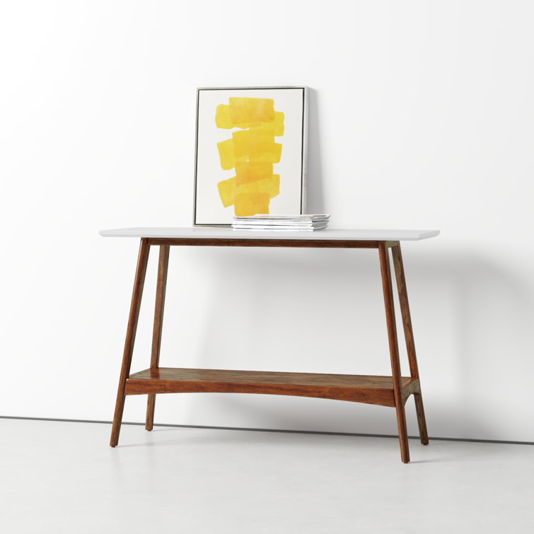 Mid-Century Off-White and Pecan Console Table with Storage Shelf
