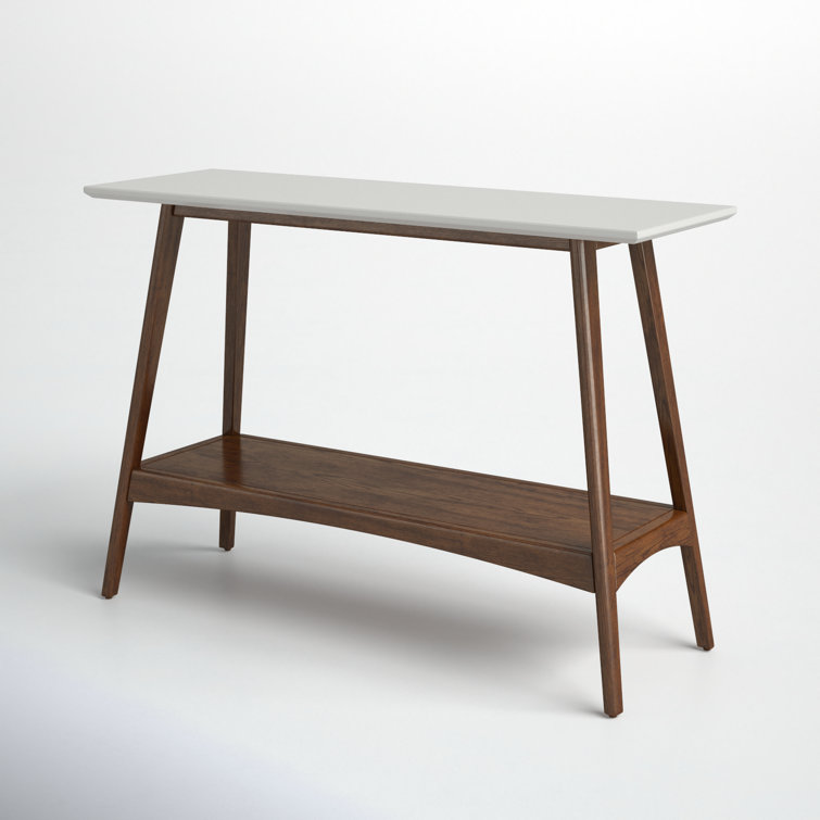 Mid-Century Off-White and Pecan Console Table with Storage Shelf