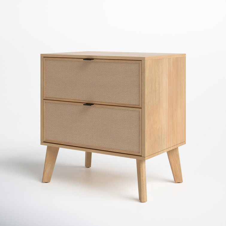 Natural Wood 2-Drawer Nightstand with Woven Cane Panels
