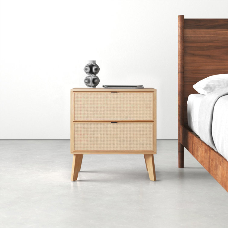 Natural Wood 2-Drawer Nightstand with Woven Cane Panels