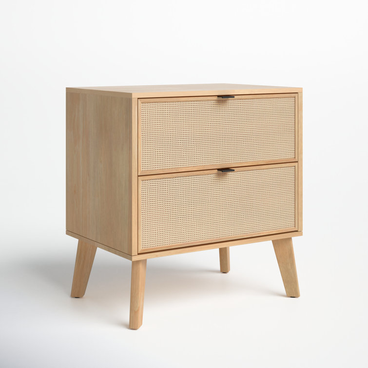 Natural Wood 2-Drawer Nightstand with Woven Cane Panels