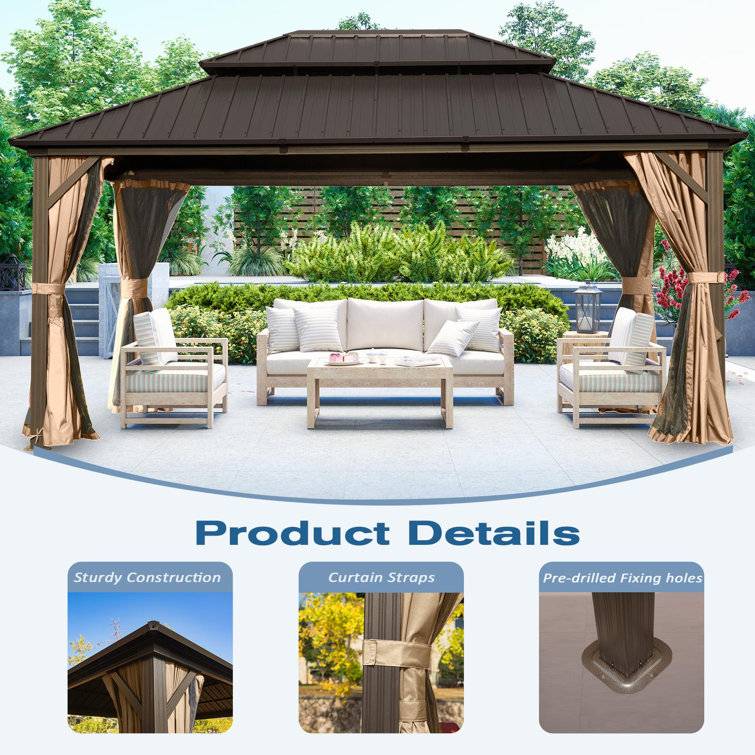Gray 10' x 12' Aluminum and Steel Patio Gazebo with Curtains