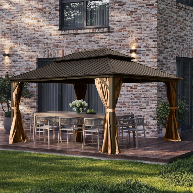 Gray 10' x 12' Aluminum and Steel Patio Gazebo with Curtains