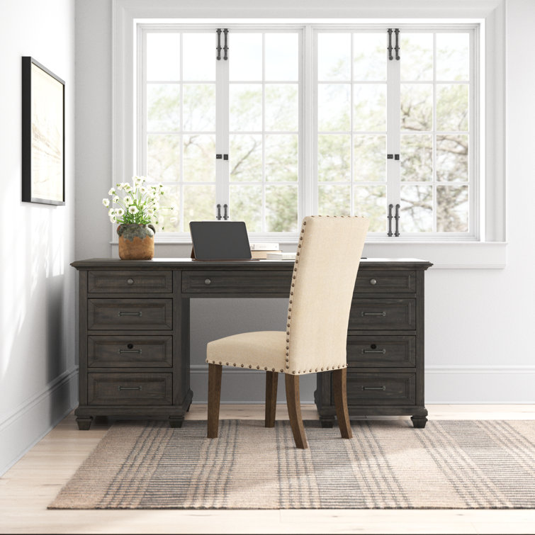 Transitional Weathered Charcoal Solid Wood Executive Desk with Power Outlet