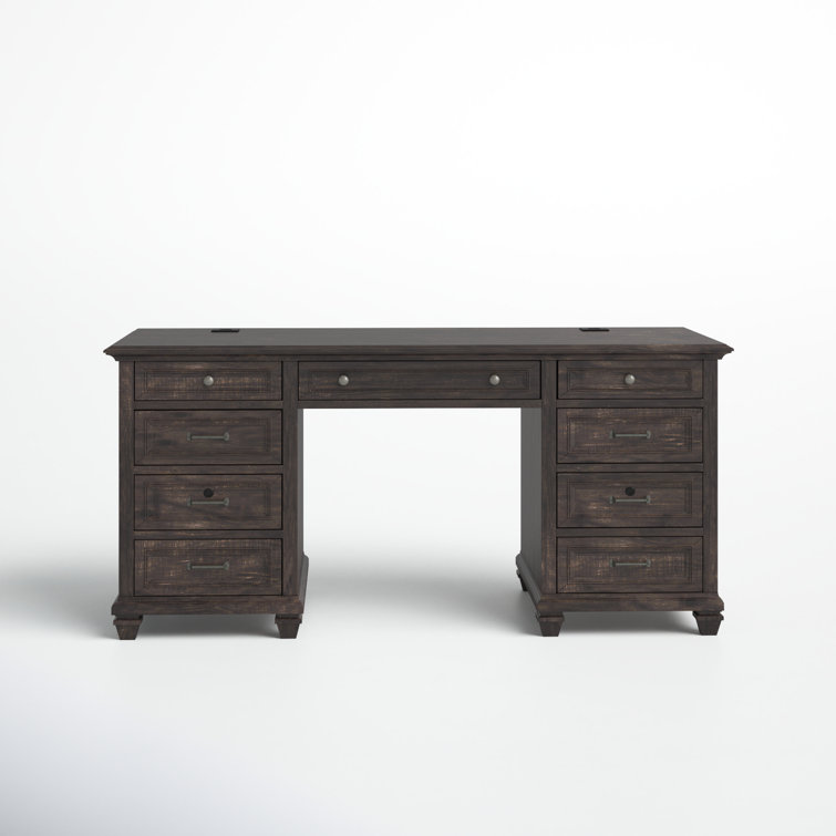 Transitional Weathered Charcoal Solid Wood Executive Desk with Power Outlet