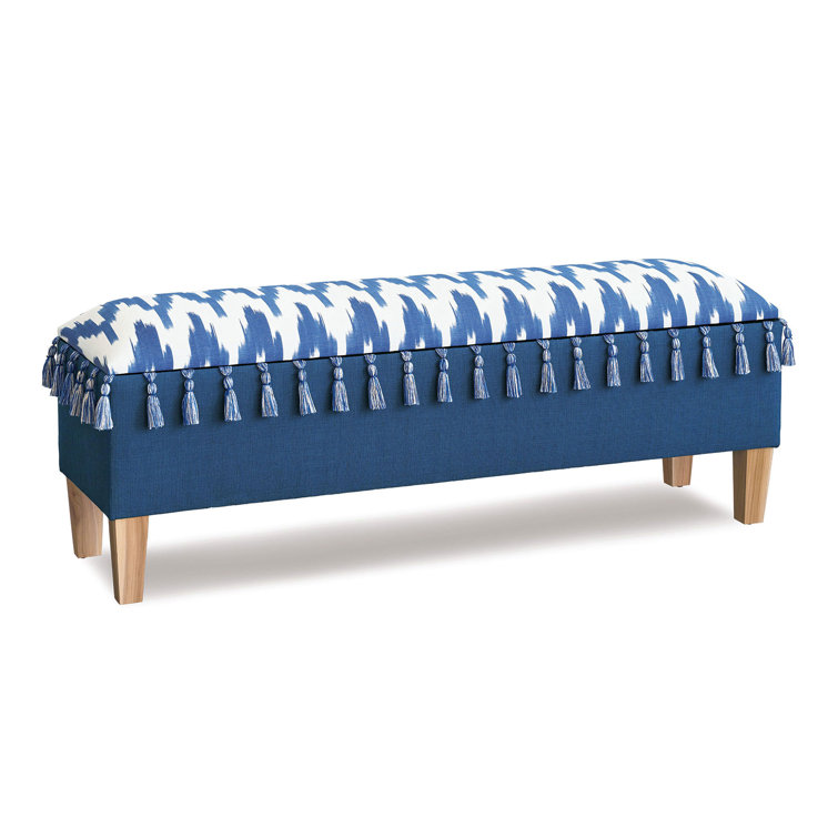 Blue and White Cotton Upholstered Storage Bench with Wood Legs