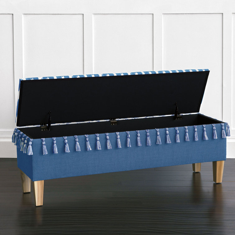 Blue and White Cotton Upholstered Storage Bench with Wood Legs