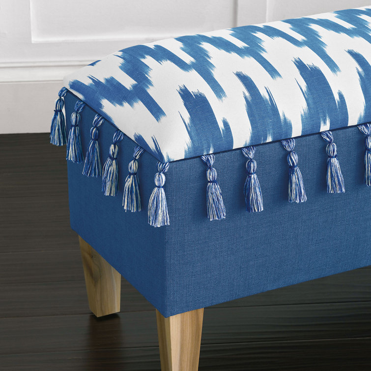 Blue and White Cotton Upholstered Storage Bench with Wood Legs