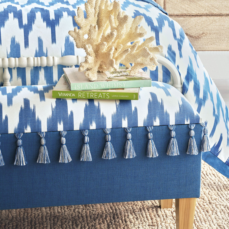 Blue and White Cotton Upholstered Storage Bench with Wood Legs