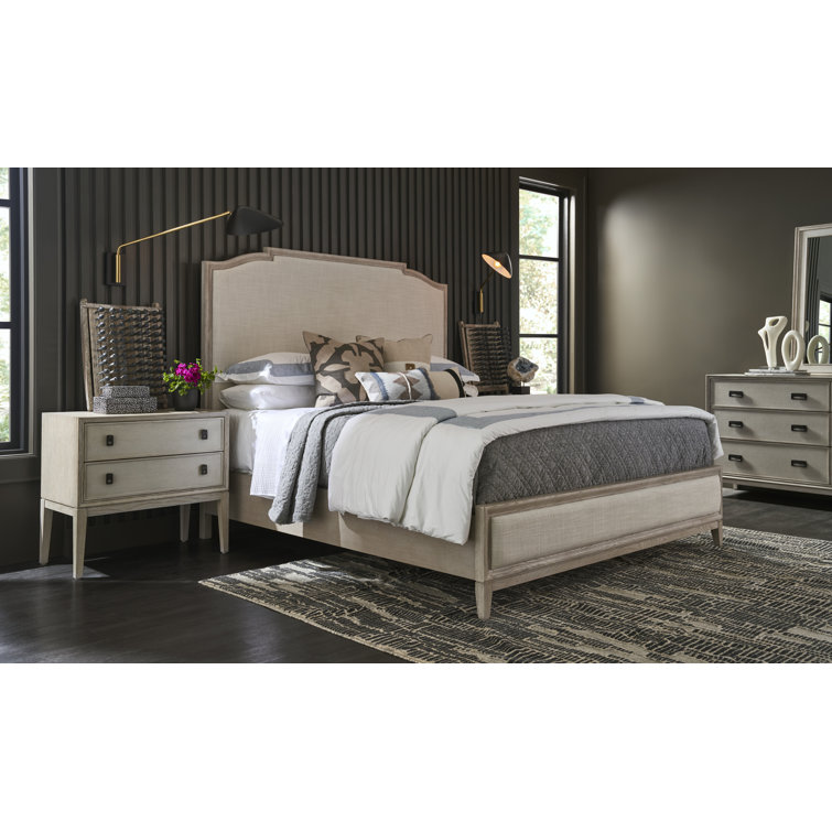 Queen Oak Wood Frame Upholstered Bed with Slats