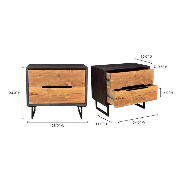 Vienna Light Brown and Black Teak 2-Drawer Nightstand